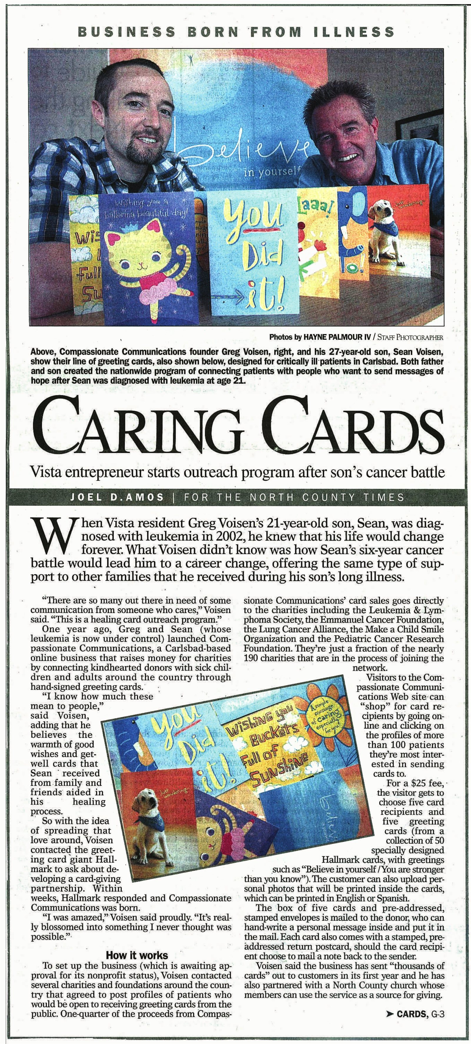 Caring Cards  -  North County Times feature on the healing-card program, 2008